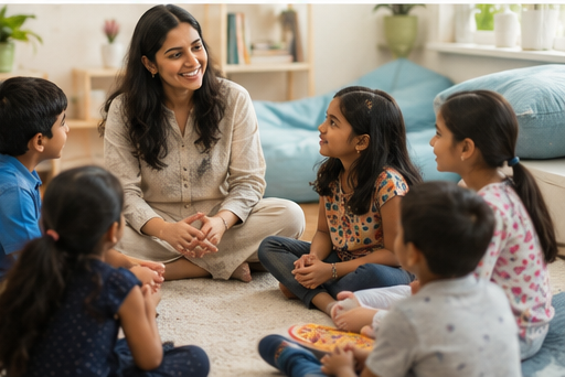 A HOSS teacher sitting with a small circle of children in a live class