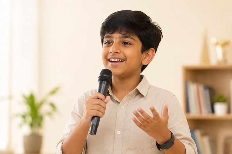 Confident child holding a microphone and speaking in a HOSS class