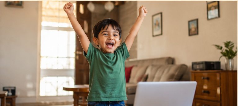 6-year-old Indian boy celebrating with arms raised after completing a phonics reading milestone