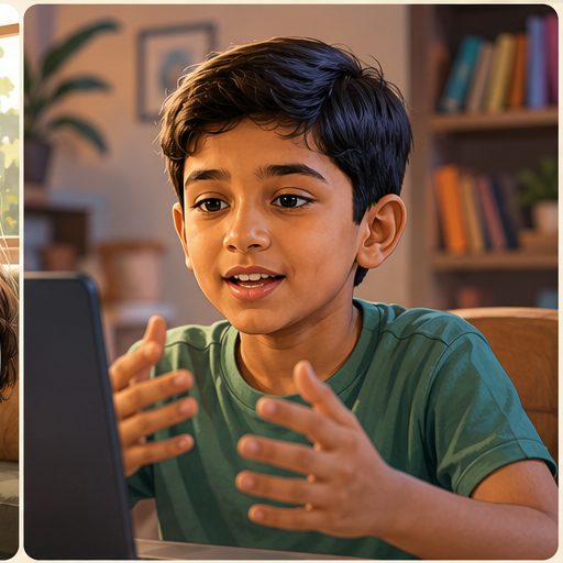 Indian boy speaking confidently into a laptop camera during a HOSS class