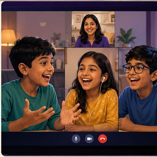 Three children laughing together on a HOSS video class