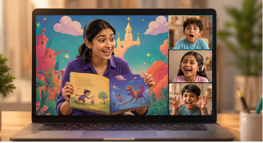 HOSS teacher reading a storybook to three children on a video call