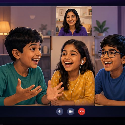 Live HOSS class with teacher and three children on a video call