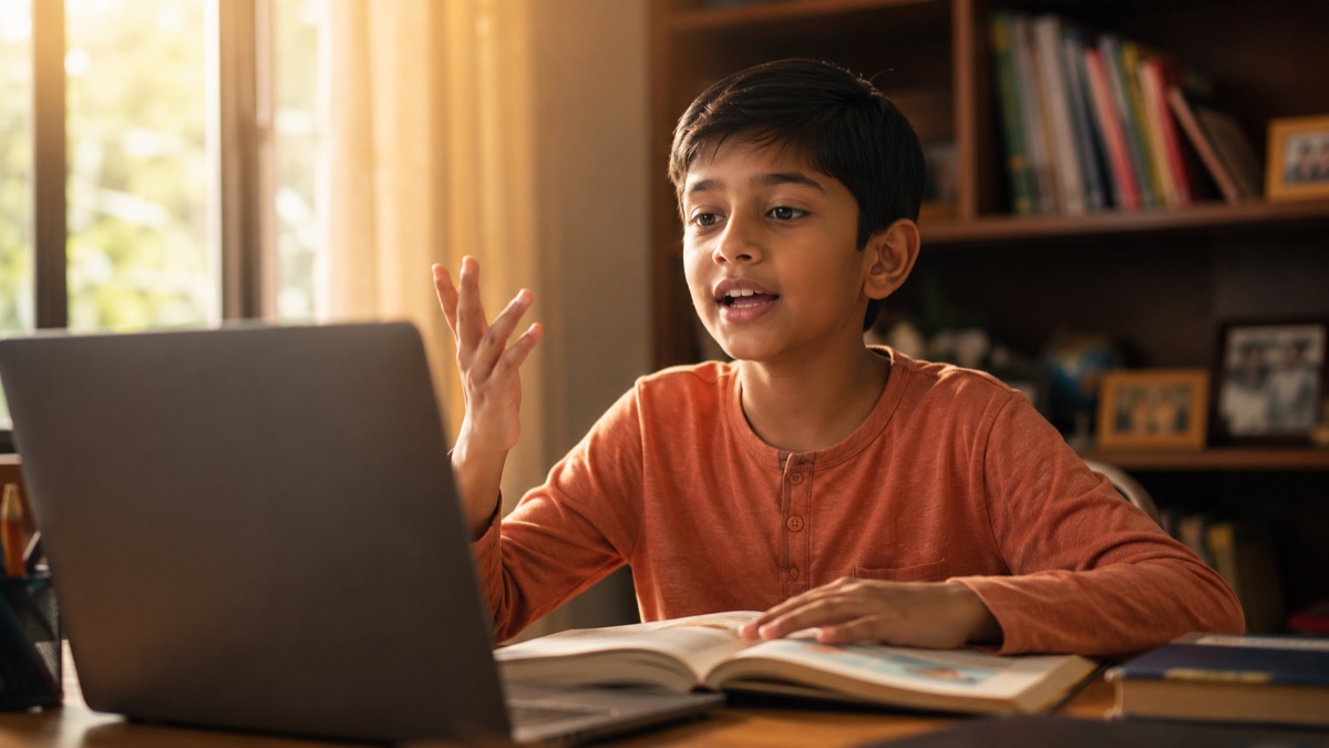 Indian boy speaking animatedly in a live online English class with laptop and storybook