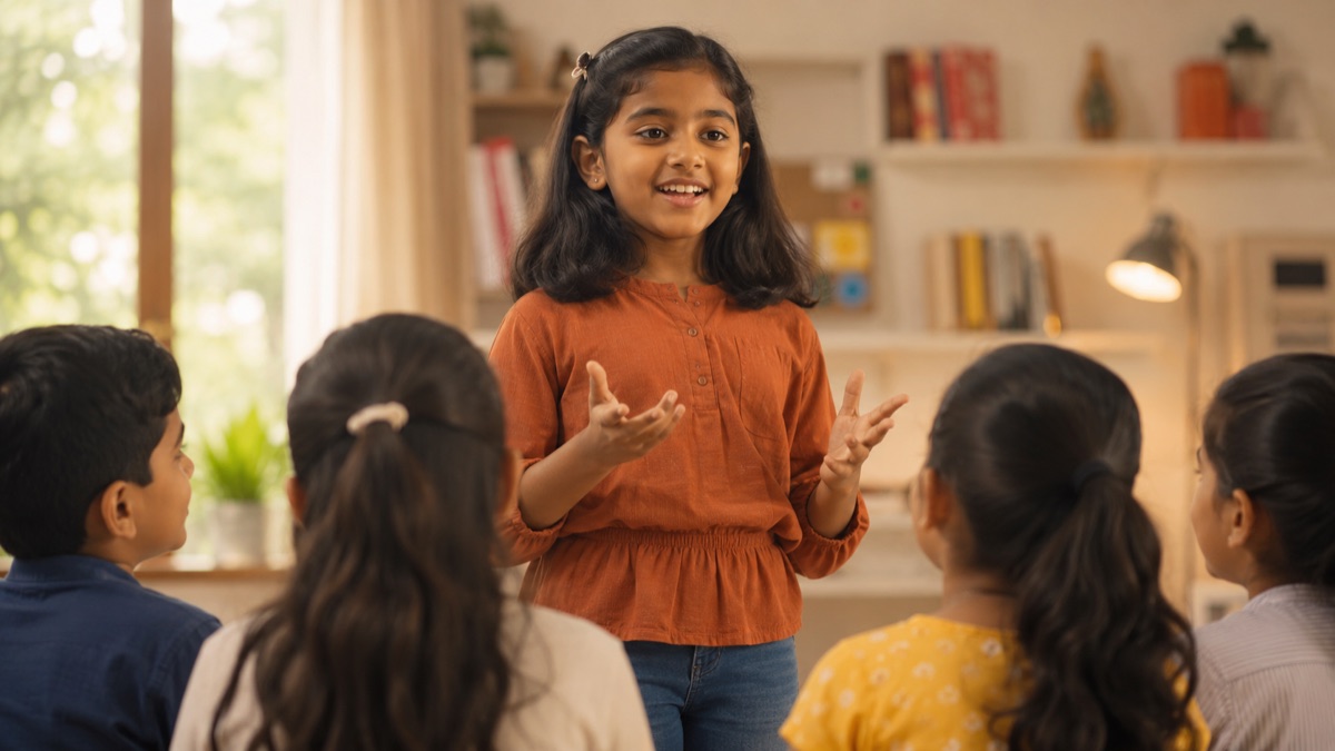 Indian girl confidently presenting an idea to a group of kids in a warm home setting