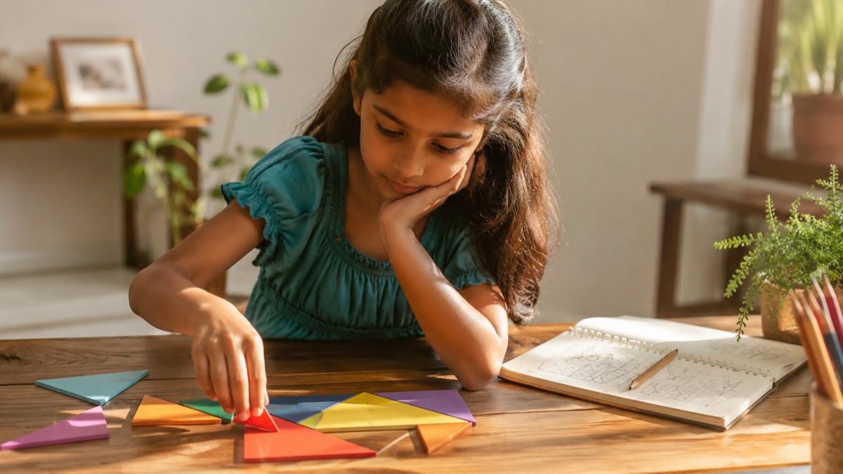 Indian girl focused on arranging colorful tangram puzzle pieces at a wooden table
