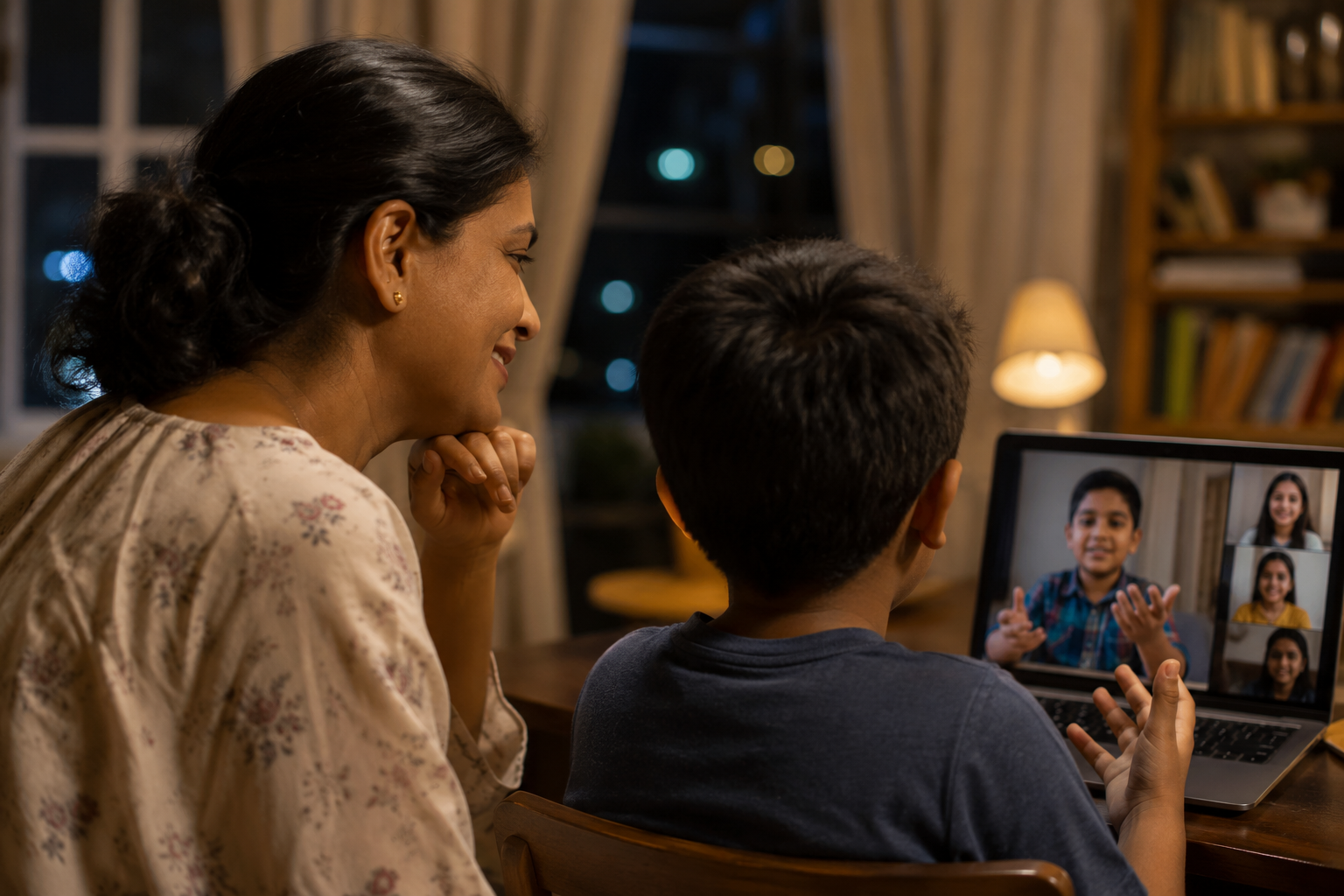 Mother smiling warmly while watching her son take a live HOSS class on a laptop
