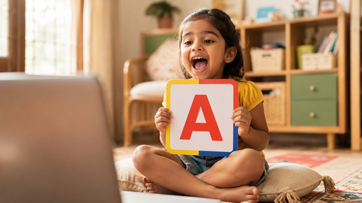 Young Indian child holding up an alphabet flashcard and saying the letter A during a live phonics class