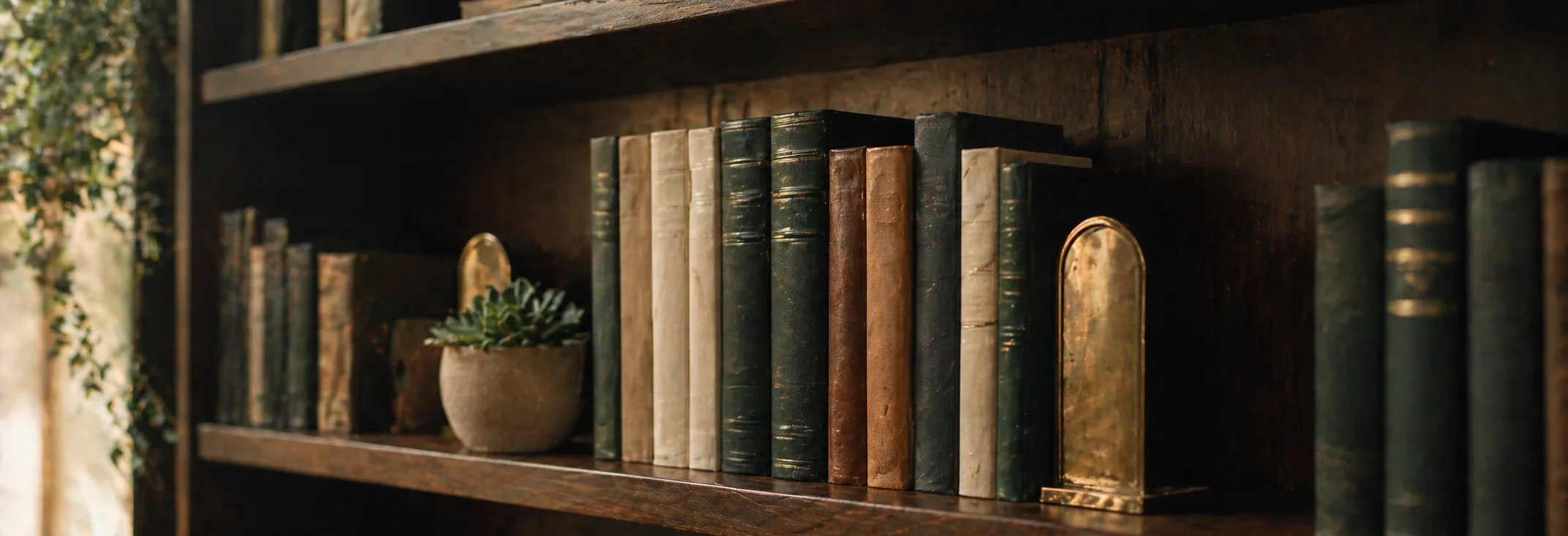 Curated bookshelf with leather-bound spines in forest green and cream tones
