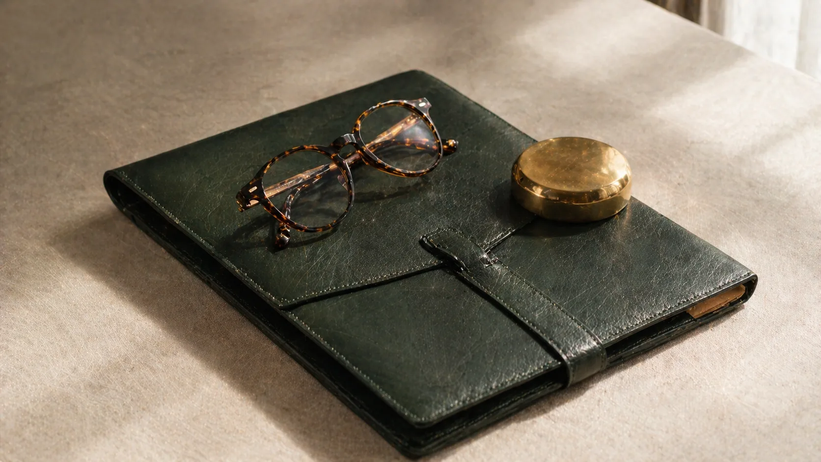 Leather portfolio with tortoiseshell reading glasses and brass paperweight on linen desk
