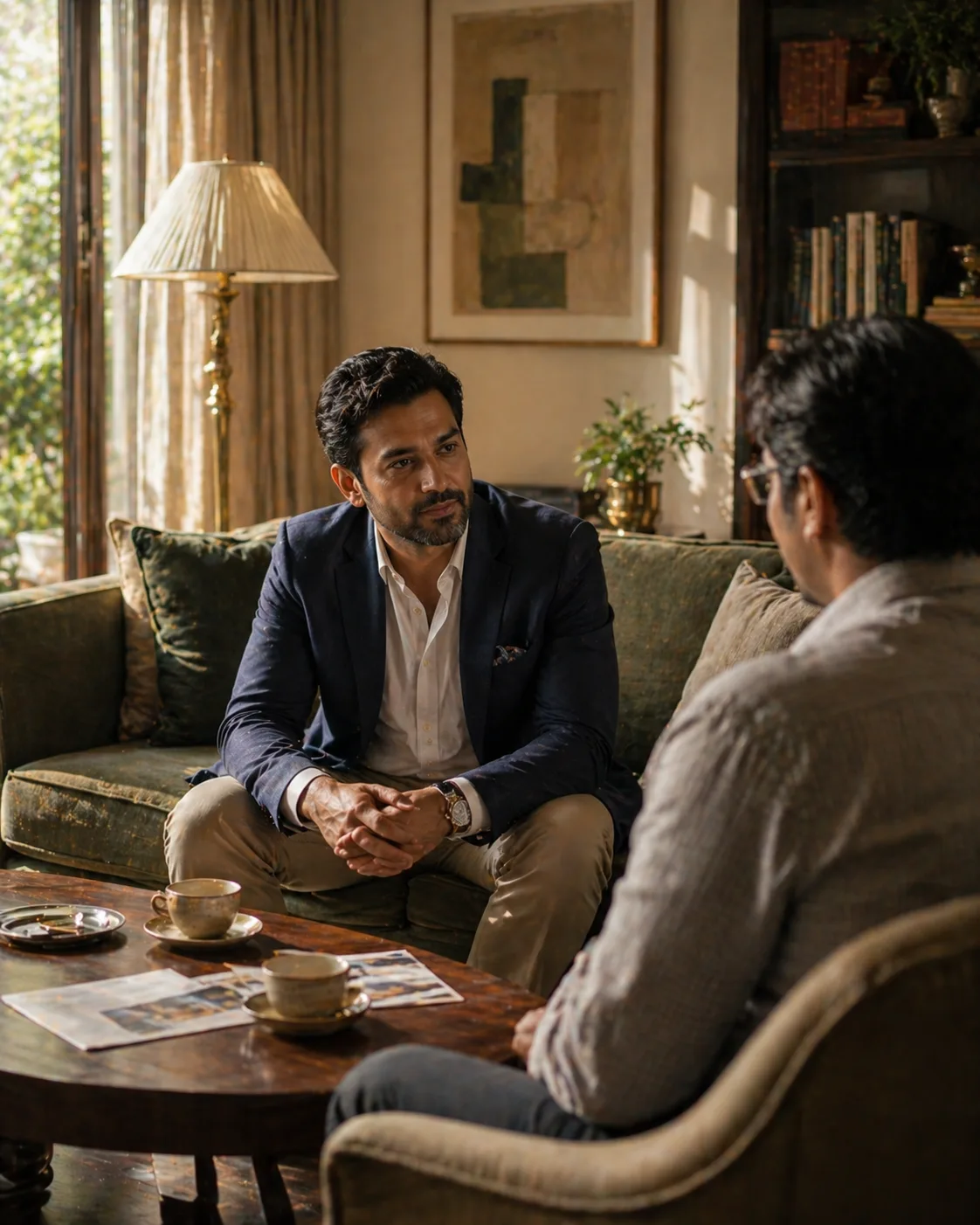 Financial advisor with a client — warm afternoon light, South Delhi home