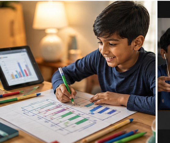 Boy drawing a bar chart with coloured pencils next to a tablet showing data