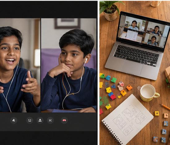 Three boys with earphones discussing and debating in an online logic class