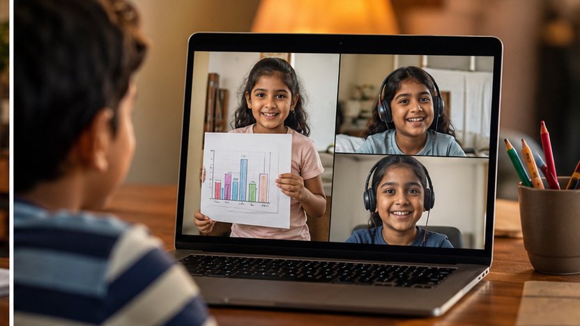 Three children in a live HOSS Logic class, one holding a bar chart