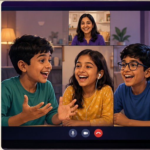 Three children in a live video class with their HOSS coach, smiling and participating