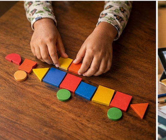 Child's hands arranging colourful pattern blocks during a logic activity