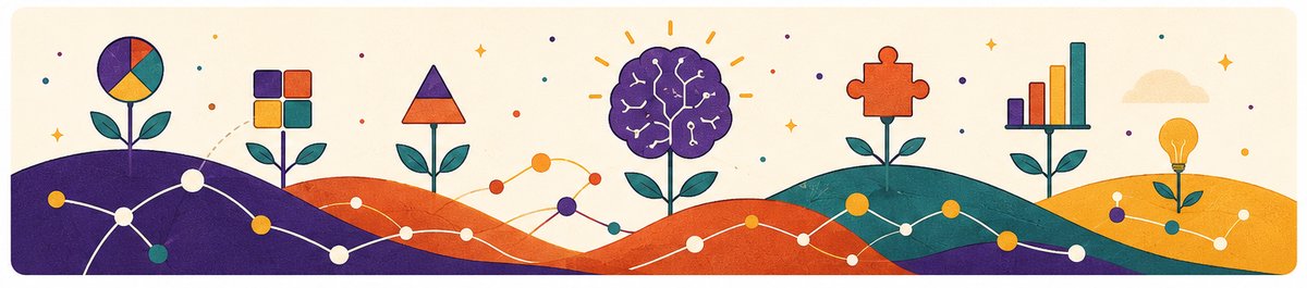Illustration of logic skills growing like a garden — patterns, shapes, charts, puzzles, and a brain