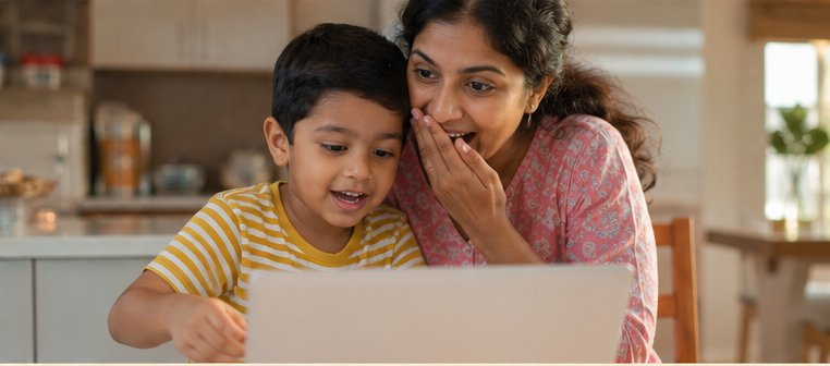 Indian mother and son looking at a laptop together during an online class
