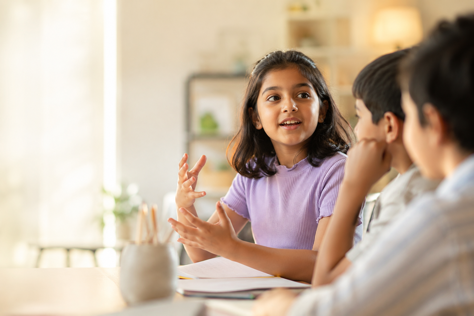 Confident child speaking up in a group activity at HOSS