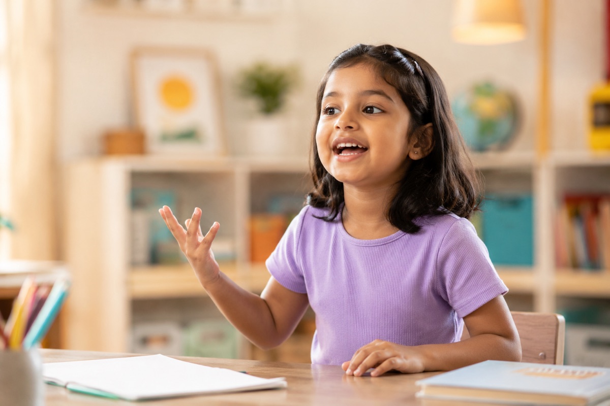5-year-old Indian girl speaking confidently with her hand raised mid-gesture at a home desk