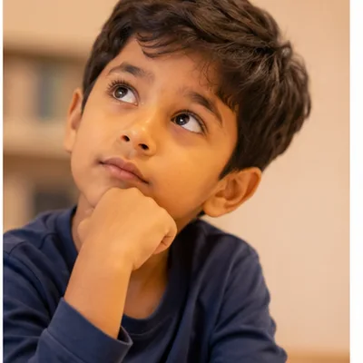 Child thinking deeply with curious expression