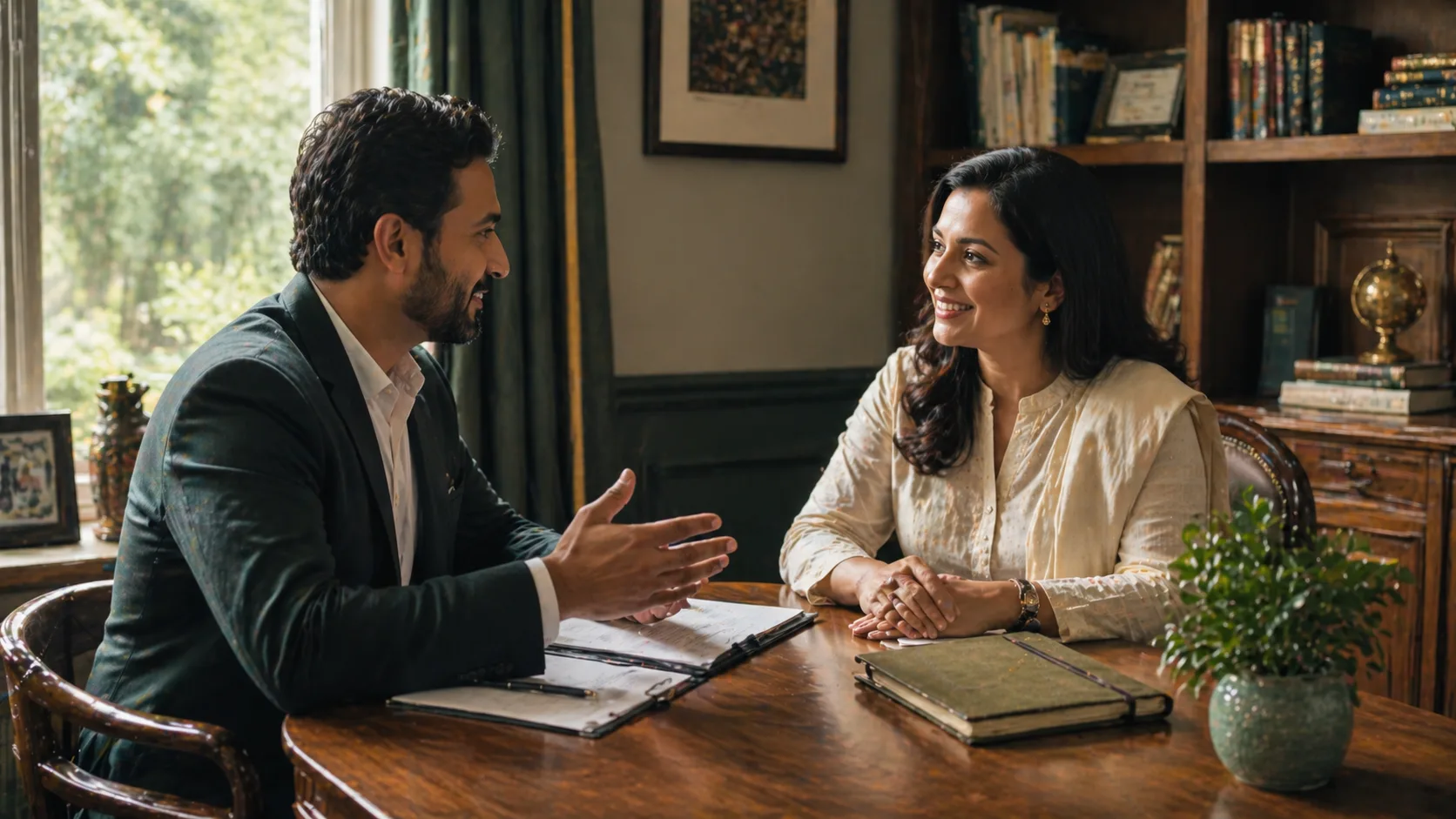 Two professionals in a warm conversation across a desk